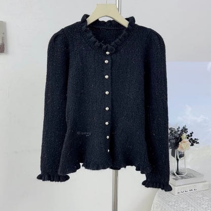Stand Collar Plain Cropped Button Up Cardigan