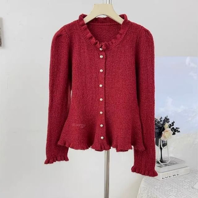 Stand Collar Plain Cropped Button Up Cardigan