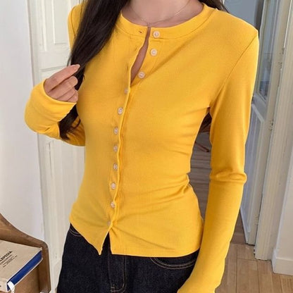 Crewneck Button-Up Plain Cardigan