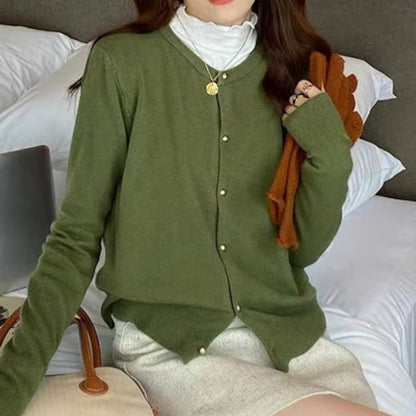 Crewneck Button-Up Plain Cardigan