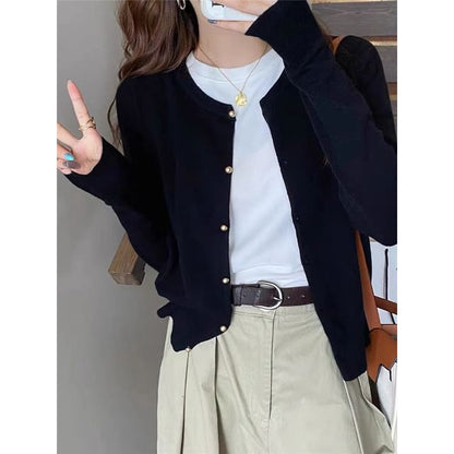 Crewneck Button-Up Plain Cardigan