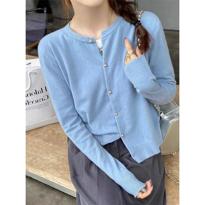 Crewneck Button-Up Plain Cardigan