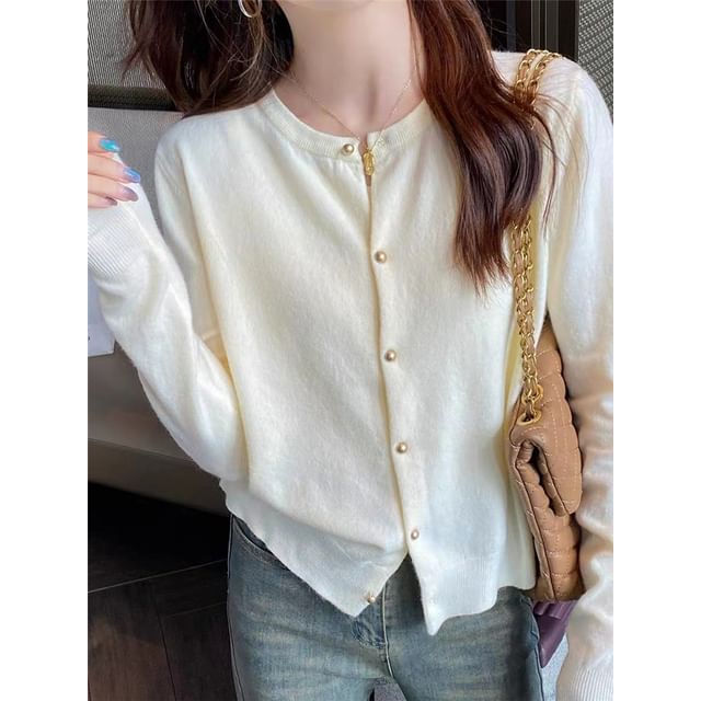 Crewneck Button-Up Plain Cardigan