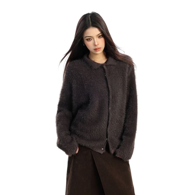 Faux Fur Collared Button-Up Cardigan