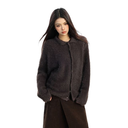 Faux Fur Collared Button-Up Cardigan