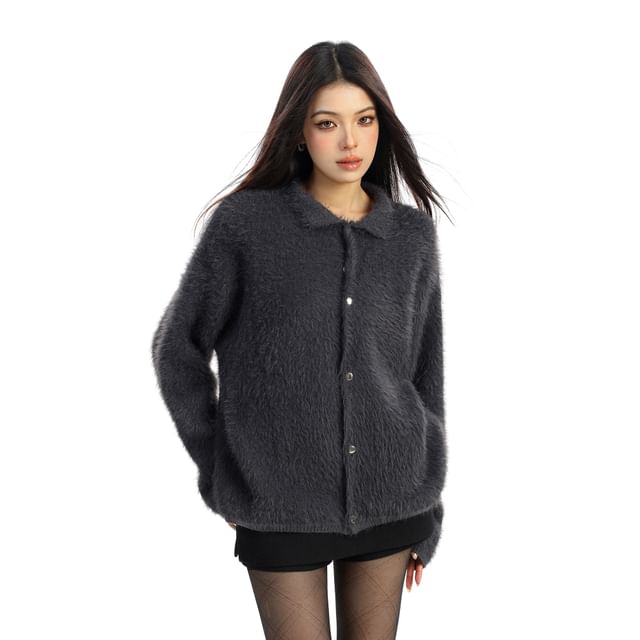 Faux Fur Collared Button-Up Cardigan