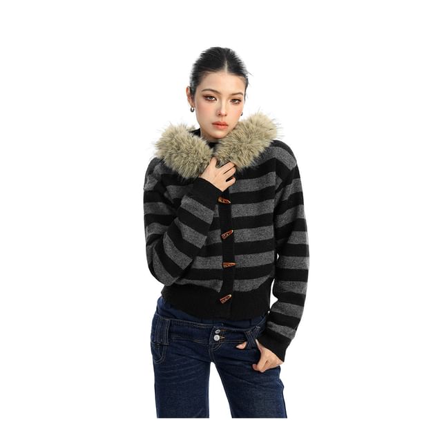 Faux Fur Trim Striped Toggle Cardigan