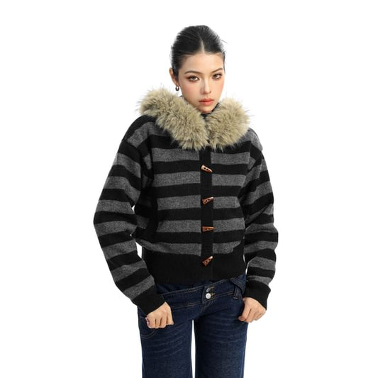 Faux Fur Trim Striped Toggle Cardigan