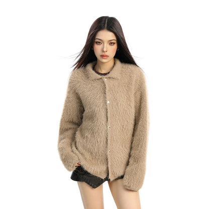 Faux Fur Collared Button-Up Cardigan