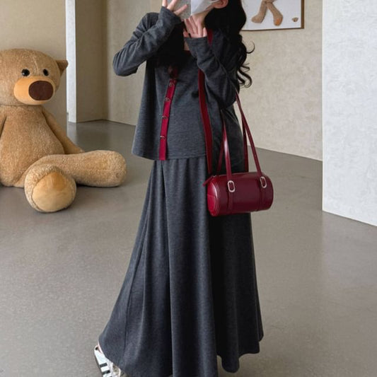Maternity Set: Contrast Trim Camisole Top + V-Neck Cardigan + High Waist Maxi A-Line Skirt