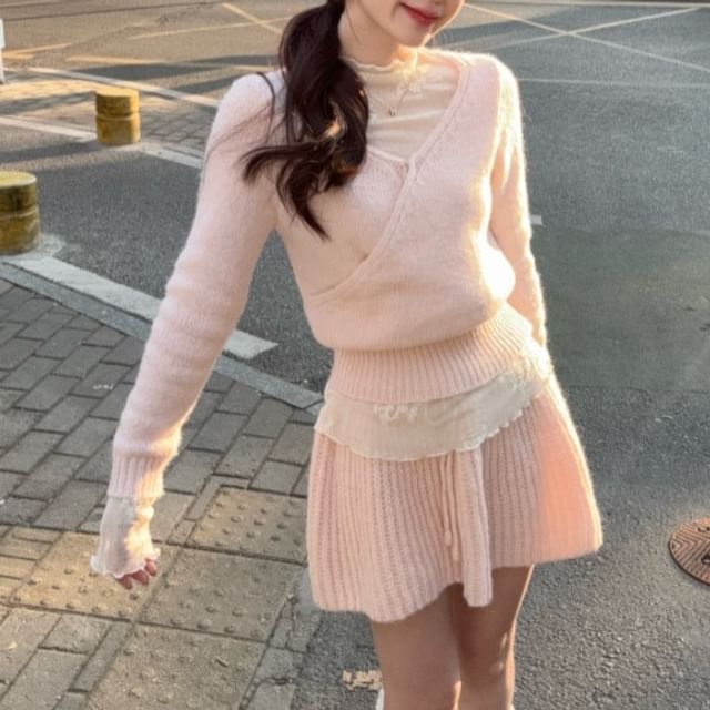 Wrap Sweater, Ribbed Knit Skirt & Lace Top Set