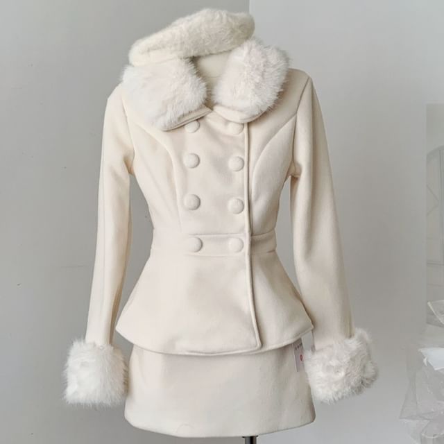 Fluffy Collar Double-Breasted Jacket + High Waist Mini A-Line Skirt