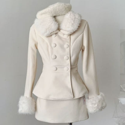 Fluffy Collar Double-Breasted Jacket + High Waist Mini A-Line Skirt
