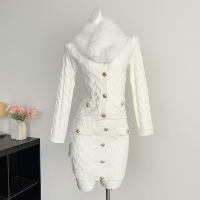 Fluffy Collar V-Neck Button-Up Cardigan + High Waist Mini Knit Skirt