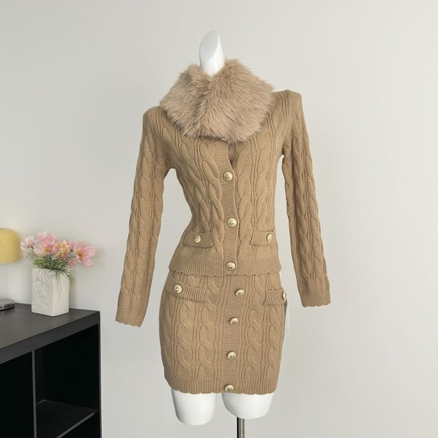 Fluffy Collar V-Neck Button-Up Cardigan + High Waist Mini Knit Skirt