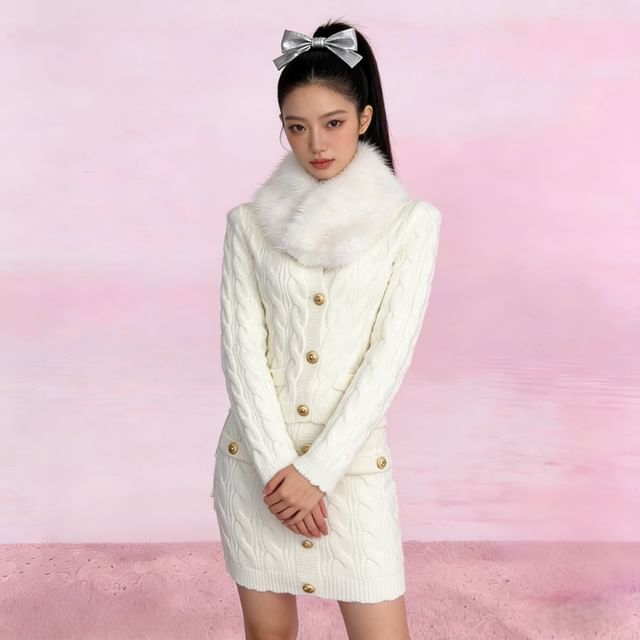 Fluffy Collar V-Neck Button-Up Cardigan + High Waist Mini Knit Skirt