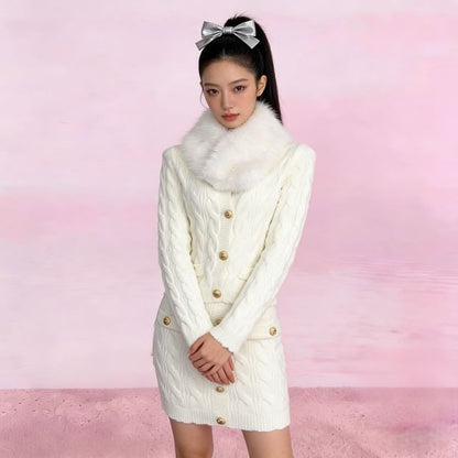 Fluffy Collar V-Neck Button-Up Cardigan + High Waist Mini Knit Skirt