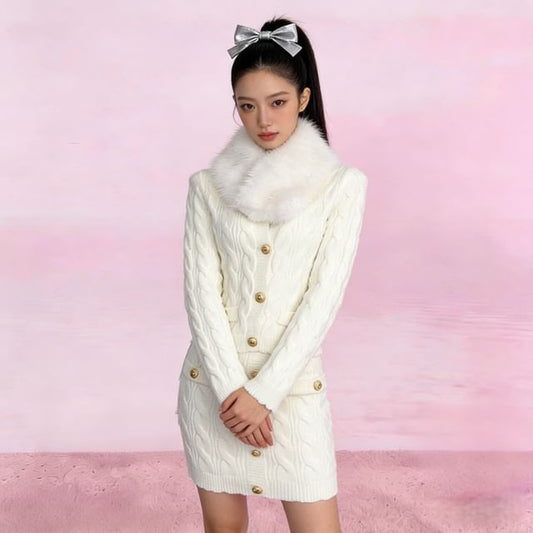 Fluffy Collar V-Neck Button-Up Cardigan + High Waist Mini Knit Skirt