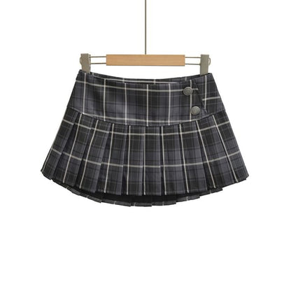 Mid Waist Plaid Mini Pleated A-Line Skirt