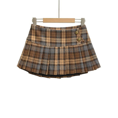 Mid Waist Plaid Mini Pleated A-Line Skirt