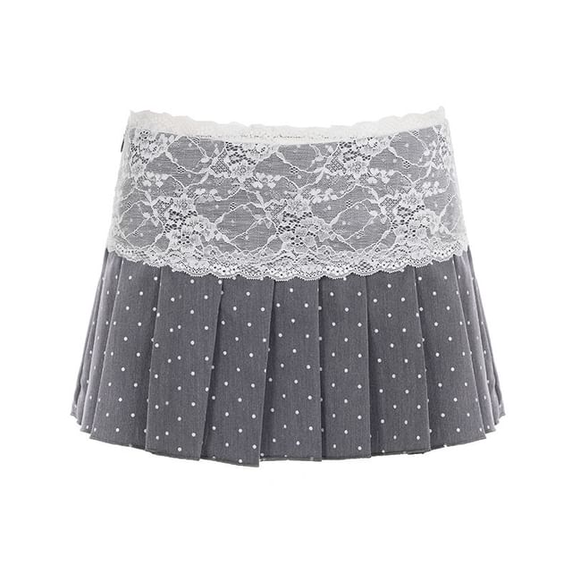 Mid Rise Dotted Pleated Panel Lace Mini A-Line Skirt