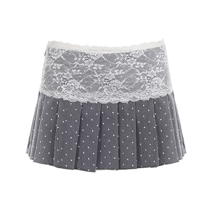 Mid Rise Dotted Pleated Panel Lace Mini A-Line Skirt