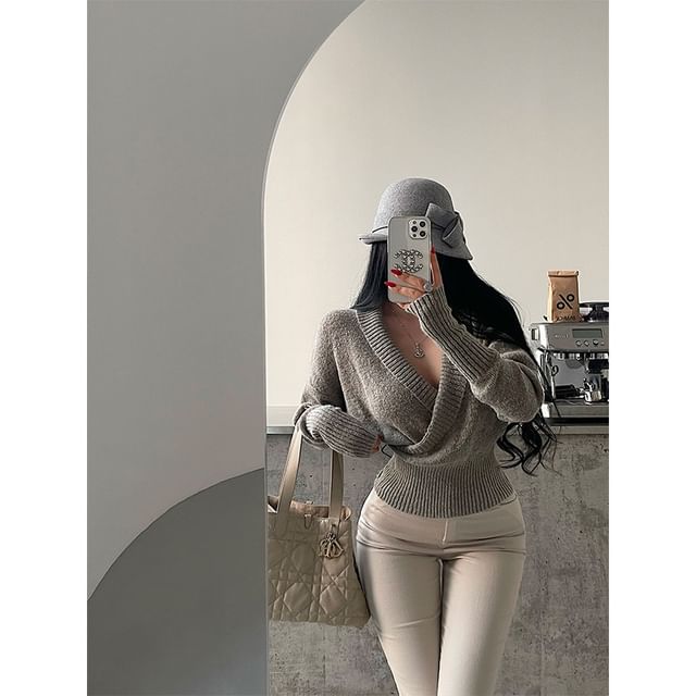 V-Neck Wrap Style Knit Sweater