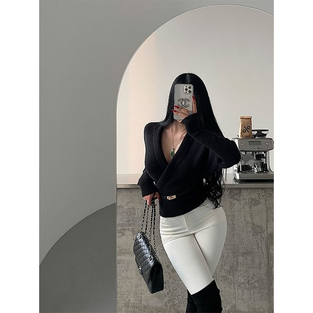 V-Neck Wrap Style Knit Sweater