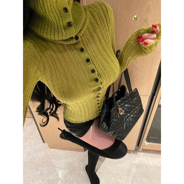 Ribbed Button-Up Turtleneck Top