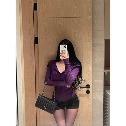Ribbed Button-Up Turtleneck Top