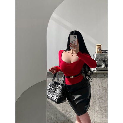 Square Neck Fitted Knit Long Sleeve Top