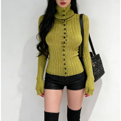 Ribbed Button-Up Turtleneck Top
