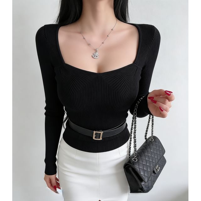 Square Neck Fitted Knit Long Sleeve Top
