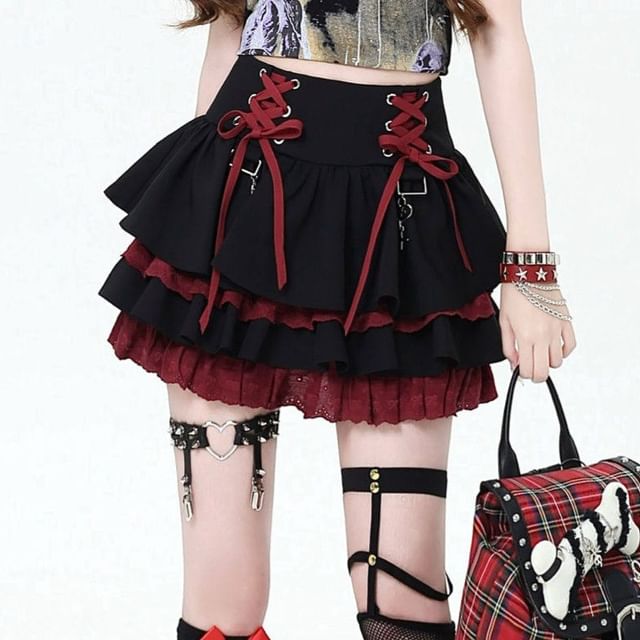 Lace-Up Mini Tiered Skirt