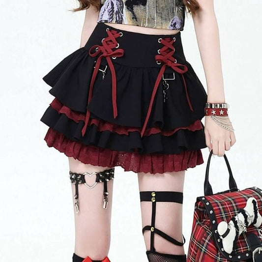 Lace-Up Mini Tiered Skirt
