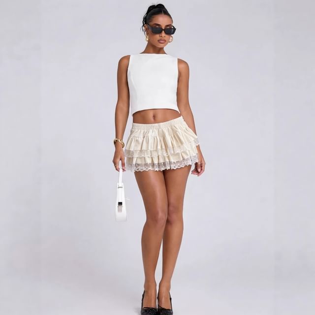 Lace-Trim Tiered Mini Skirt