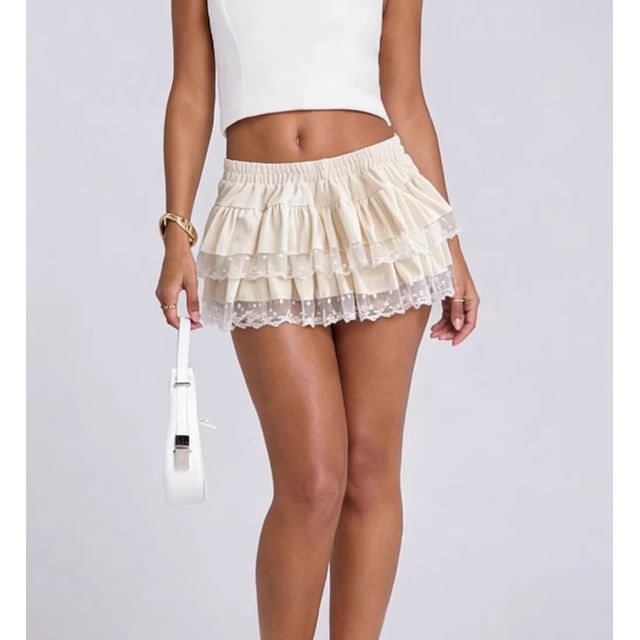 Lace-Trim Tiered Mini Skirt