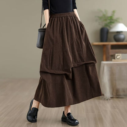 Elastic Waist Plain Ruched Corduroy Midi A-Line Skirt