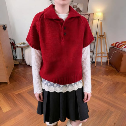 Polo-Neck Knit Top with Short Sleeves in Solid Color