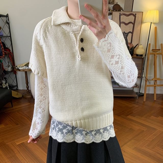 Polo-Neck Knit Top with Short Sleeves in Solid Color