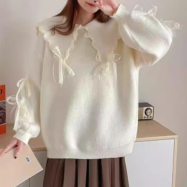 Lace Trim Collared Sweater with Long Sleeves