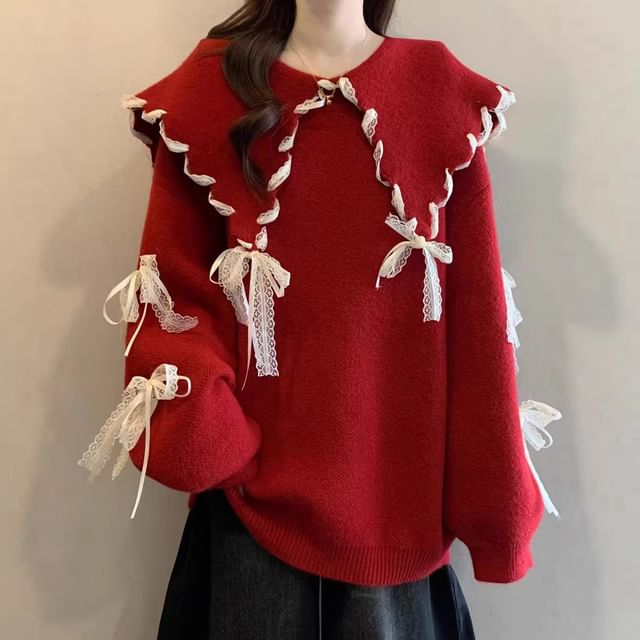 Lace Trim Collared Sweater with Long Sleeves