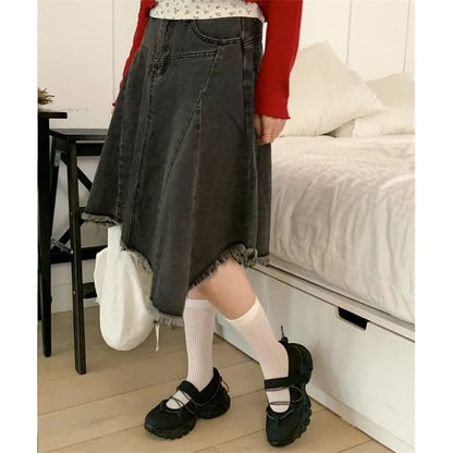 Washed Fringe Asymmetrical Midi Denim Skirt