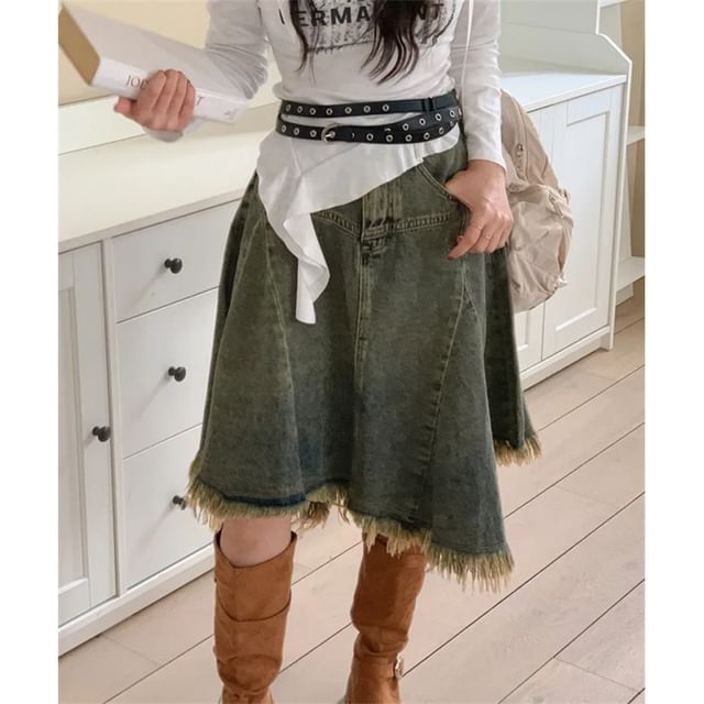 Washed Fringe Asymmetrical Midi Denim Skirt