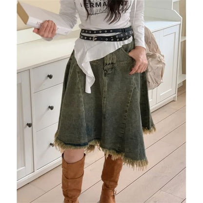 Washed Fringe Asymmetrical Midi Denim Skirt