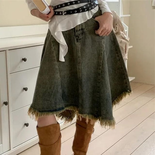 Washed Fringe Asymmetrical Midi Denim Skirt