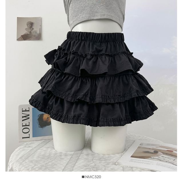 High Waist Ruffle Mini A-Line Skirt Plain