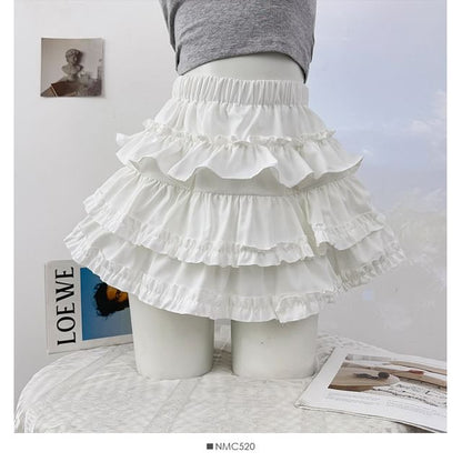 High Waist Ruffle Mini A-Line Skirt Plain