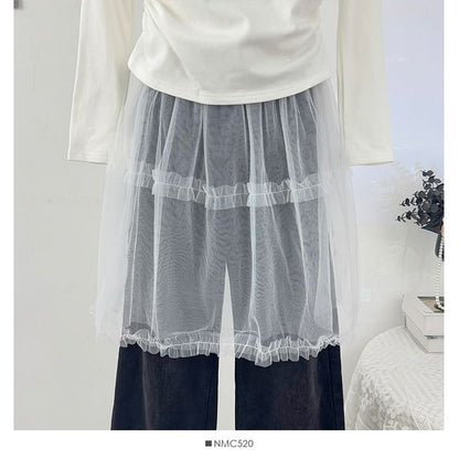 Mesh A-Line Skirt with Elastic Waist and Ruffled Hem