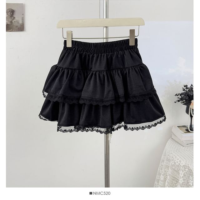 Tiered Lace Trim Mini A-Line Skirt Elastic Waist
